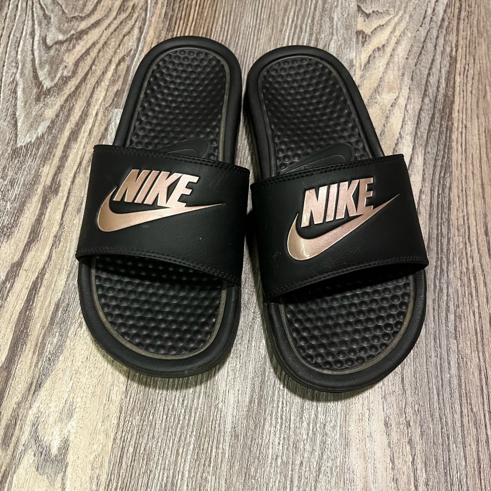 Nike Black Slides with Metallic Logo